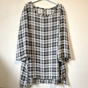 Penningtons Sheer Black and White Plaid High Low Tunic Blouse 4X Academy